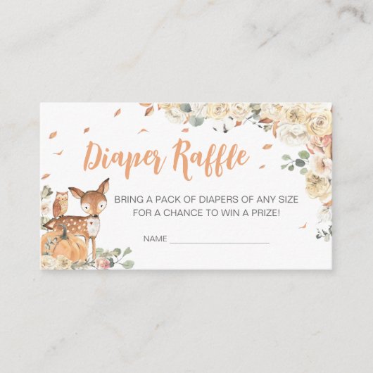 秋ウッドランド動物赤ちゃんシャワーおむつラッフル エンクロージャーカード (正面)