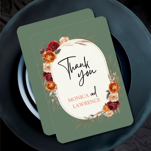 秋エレガントのオレンジのセージフローラ結婚 サンキューカード