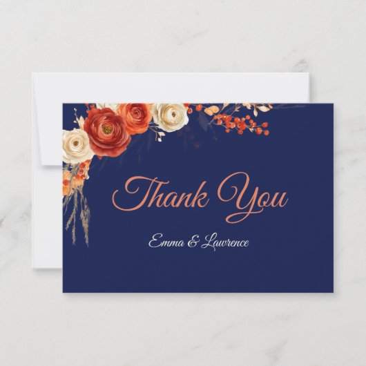 秋エレガントのオレンジ色の海軍花模様結婚ズ サンキューカード (正面)