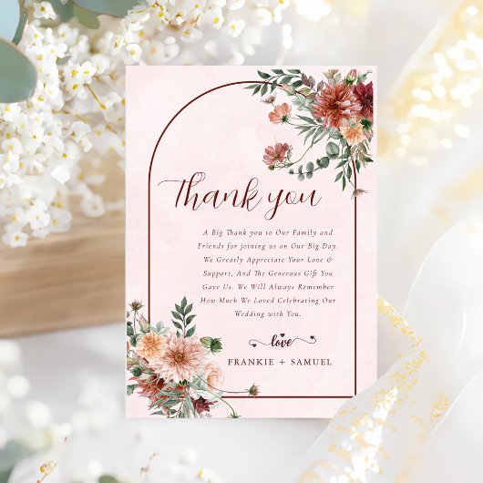 秋エレガントのピンク色結婚で サンキューカード