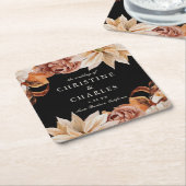 秋エレガントの水の色結婚の黒 スクエアペーパーコースター (アングル)