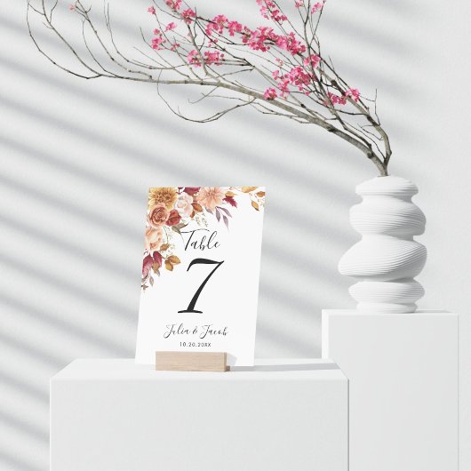 秋エレガントの水彩フローラ結婚 テーブルナンバー