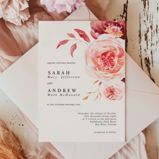秋エレガントの水彩フローラ結婚 招待状