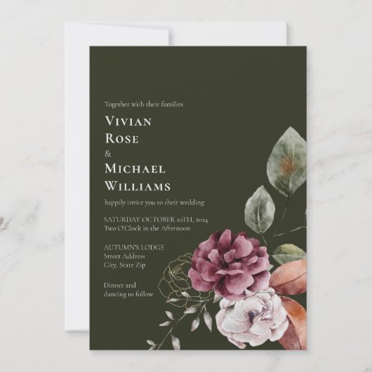 秋エレガントの秋が一斉に燃え結婚上がる 招待状 (正面)