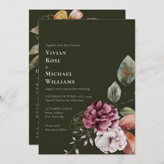 秋エレガントの秋が一斉に燃え結婚上がる 招待状 (正面/裏面)