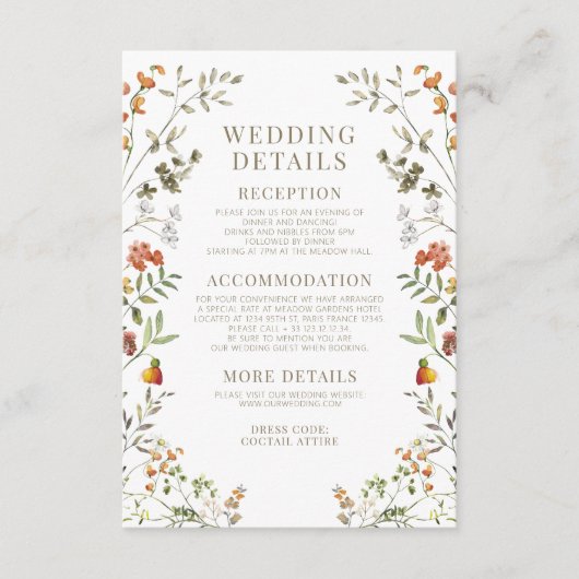 秋エレガントの野花の結婚詳細 エンクロージャーカード (正面)