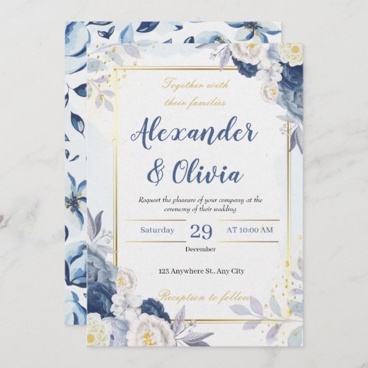 秋エレガントの青とフローラ結婚 招待状 (正面/裏面)