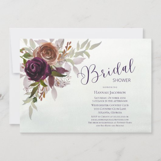 秋エレガントウィンタープラムパープルブライダルシャワー 招待状 (正面)