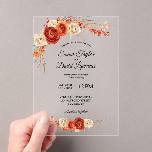 秋エレガントオレンジテラコッタフローラ結婚ズ アクリル招待状 (インサイチュ (ポータブル))