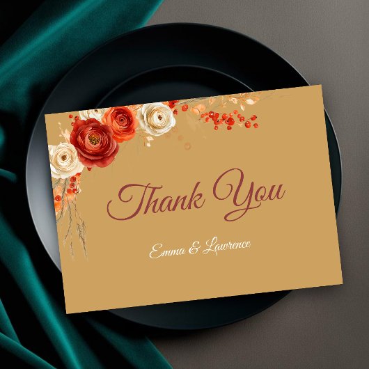 秋エレガントオレンジテラコッタフローラ結婚ズ サンキューカード