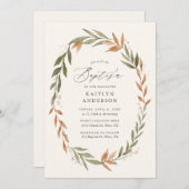 秋エレガントグリーンリーリースバプテスマ 招待状 (正面/裏面)