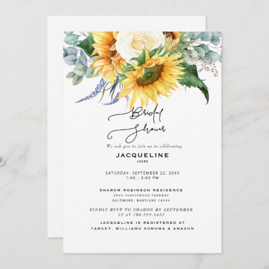 秋エレガントサンフラワーユーカリブライダルシャワー 招待状 (正面/裏面)
