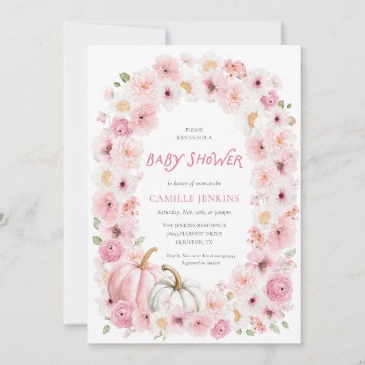 秋エレガントピンクカボチャフローラガールベビーシャワー 招待状 (正面)