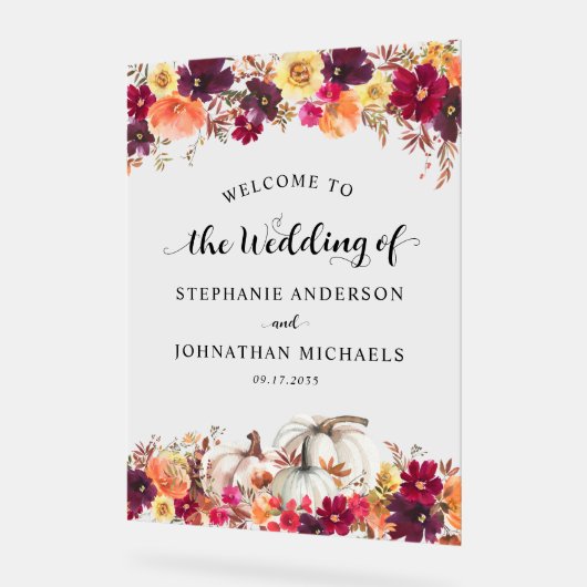 秋エレガントフローラパンプキ結婚ンズウェルカム アクリルサイン (傾斜)