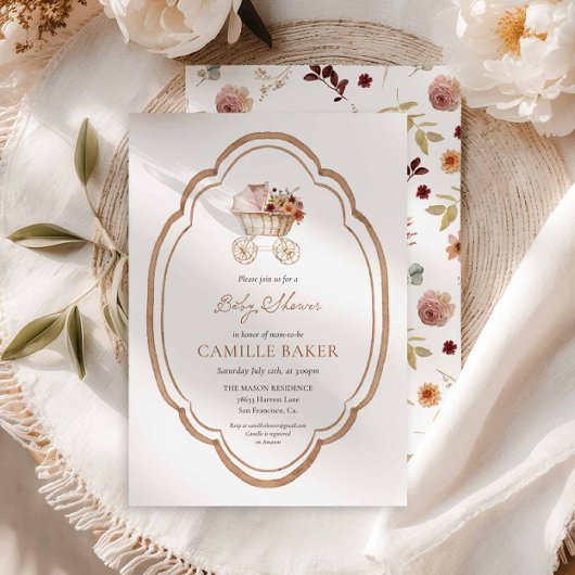 秋エレガントフローラブルゴーニュ赤ちゃんシャワーの招待 招待状