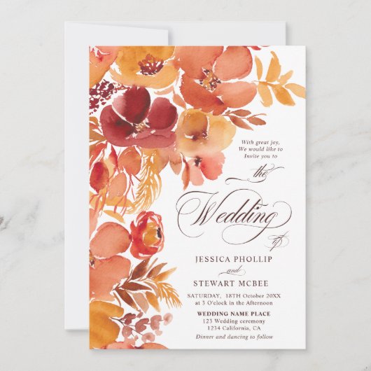 秋エレガントフローラボホすべて一つのスクリプ結婚トで 招待状 (正面)