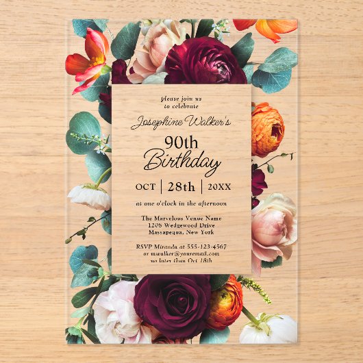 秋エレガントフローラ90th誕生日パーティー アクリル招待状 (正面)