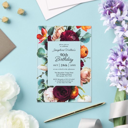 秋エレガントフローラ90th誕生日パーティー アクリル招待状 (インサイチュ (ウェディング))