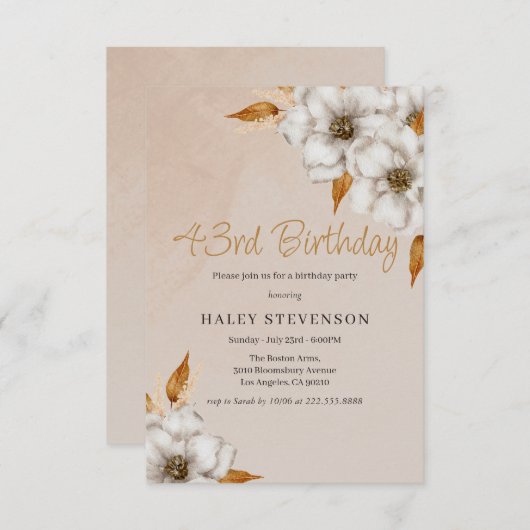 秋エレガントボホシックフローラ43rd誕生日パーティー 招待状 (正面/裏面)