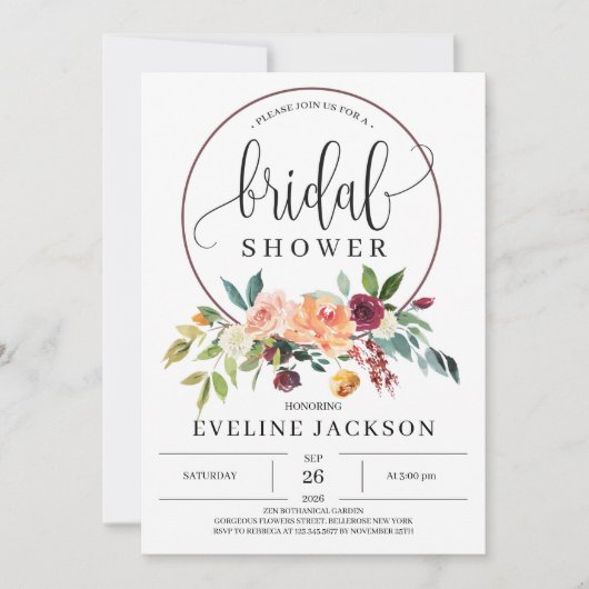 秋エレガントマリゴールドBurgundyと赤面の花 招待状 (正面)