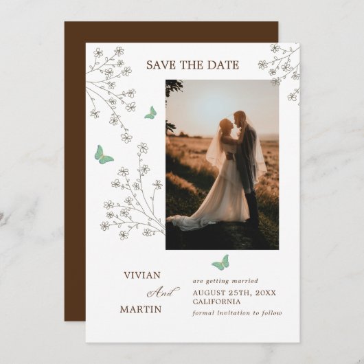 秋エレガント暗金ゴールド蝶の写真 セーブザデート (正面/裏面)