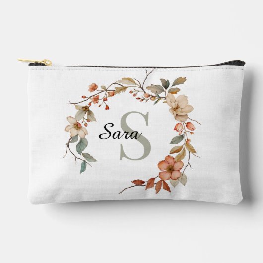 秋エレガント水彩フローラホワイトモノグラム アクセサリーポーチ (正面)