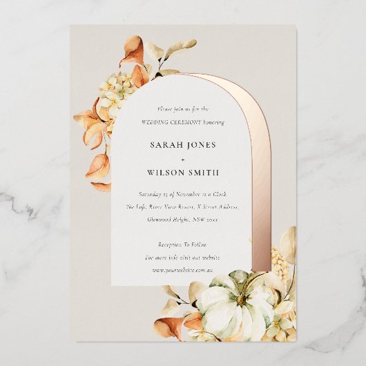 秋エレガント素朴パンプキンアーチフローラ結婚ズ 箔招待状 (正面)