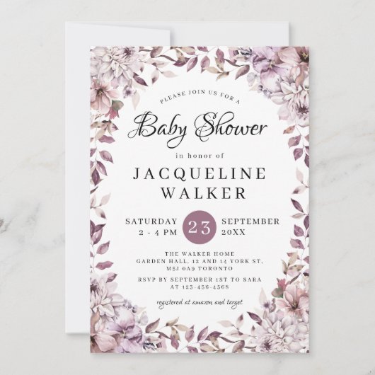 秋エレガント紫の花々葉の赤ちゃんシャワー 招待状 (正面)