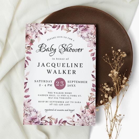 秋エレガント紫の花々葉の赤ちゃんシャワー 招待状