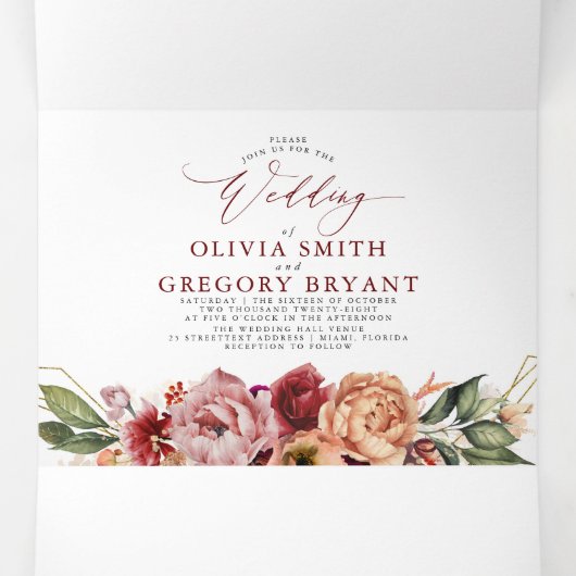 秋エレガント花モダン植物学結婚の 三つ折り招待状 (内部中)