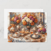 秋エレガント茶パーティー水色 ポストカード (正面/裏面)