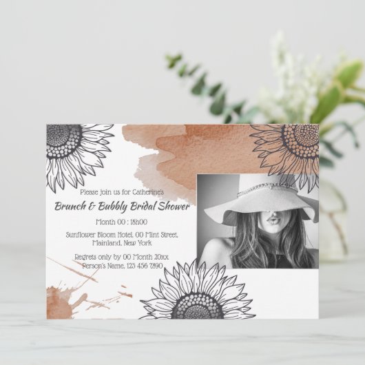 秋エレガント茶色の灰色DIYフォトヒマワリパーティー 招待状 (スタンド正面)