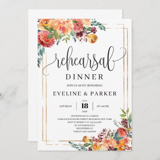 秋オレンジのマリゴールドフローラリハーサル夕食の招待 招待状 (正面/裏面)