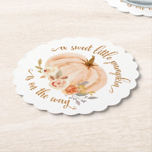 秋オレンジの金ゴールドフォイル小さなかぼちゃ赤ちゃんシャワー ペーパーコースター (アングル)