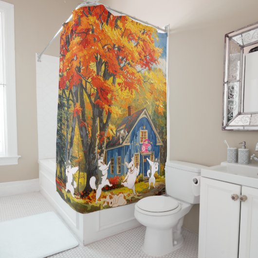 秋オレンジツリーハッピードッグズコテージフォレスト シャワーカーテン (インサイチュ)