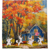 秋オレンジツリーハッピードッグズコテージフォレスト シャワーカーテン (正面)