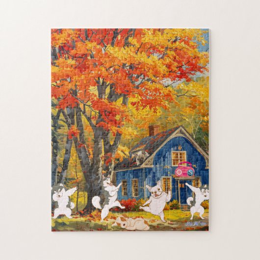 秋オレンジツリーハッピードッグズコテージフォレスト ジグソーパズル (縦)