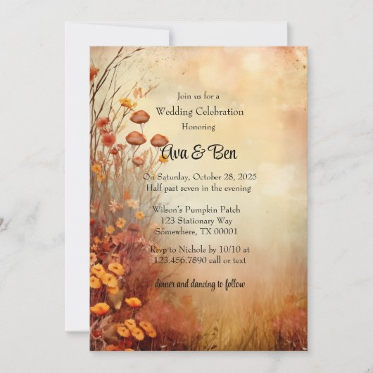 秋オレンジフラワー素朴ズ結婚お祝い 招待状 (正面)