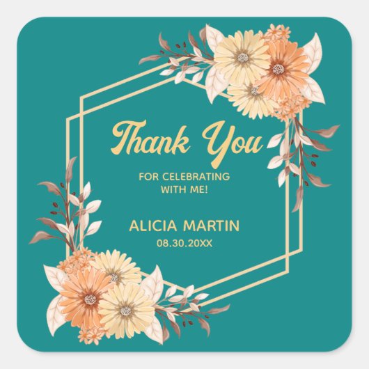 秋オレンジフラワー金ゴールドティール(緑がかった色)ありがとう スクエアシール (正面)