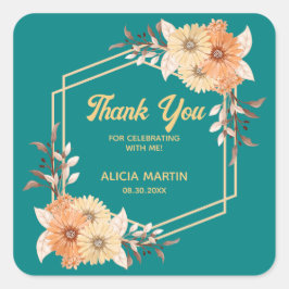 秋オレンジフラワー金ゴールドティール（緑がかった色）ありがとう スクエアシール