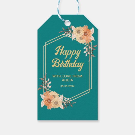 秋オレンジフラワー金ゴールドティール（緑がかった色）ハッピーバースデー ギフトタグ (正面)