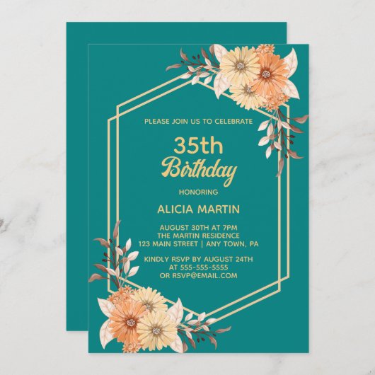 秋オレンジフラワー金ゴールドティール(緑がかった色)女性大人 招待状 (正面/裏面)