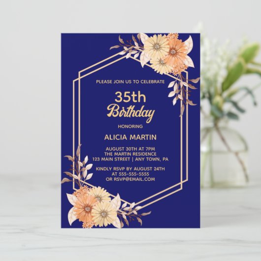 秋オレンジフラワー金ゴールドネイビーブルーウーマンアダルト 招待状 (スタンド正面)