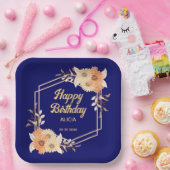 秋オレンジフラワー金ゴールドネイビーブルーハッピーバースデー ペーパープレート (パーティー)