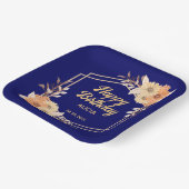 秋オレンジフラワー金ゴールドネイビーブルーハッピーバースデー ペーパープレート (傾斜あり)