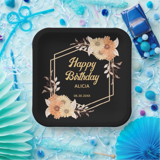 秋オレンジフラワー金ゴールドブラックハッピーバースデー ペーパープレート (パーティー)