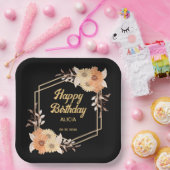 秋オレンジフラワー金ゴールドブラックハッピーバースデー ペーパープレート (パーティー)