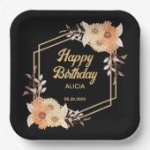 秋オレンジフラワー金ゴールドブラックハッピーバースデー ペーパープレート (正面)