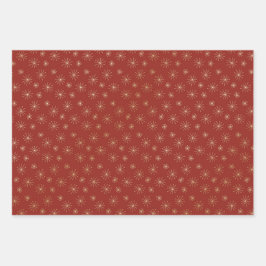 秋オレンジレッド及びスノーフレーク模様金ゴールド ラッピングペーパーシート