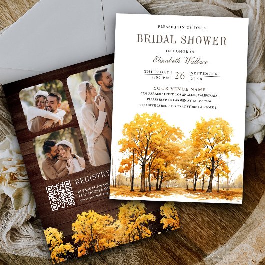 秋オークツリーフォトQRコードブライダルシャワー 招待状